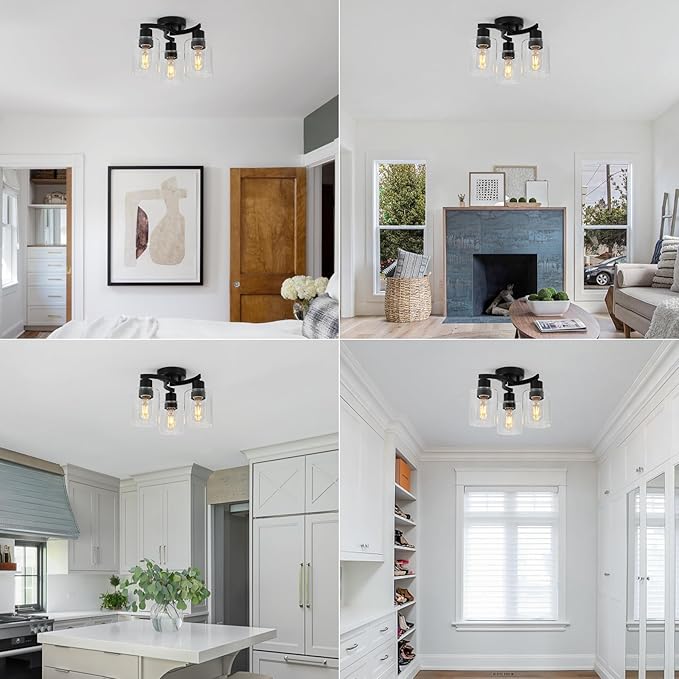 WILON Black Flush Mount Ceiling Light, Farmhouse Kitchen Lighting Fixtures Ceiling Mount, 3-Light Clear Glass Semi Flush Mount Ceiling Light Fixture for Hallway Entryway Foyer Bedroom Laundry Room