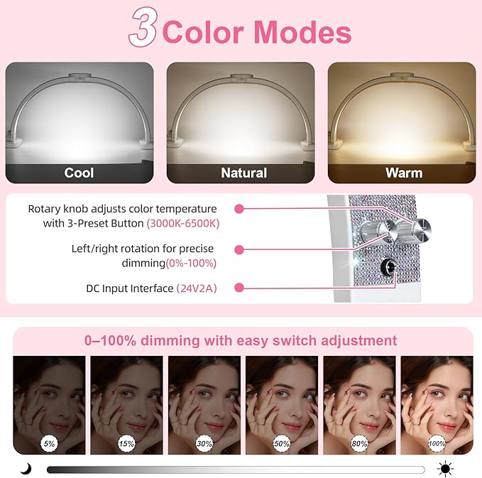 Half Moon Light for Nail Desk 31" Foldable LED Nail Desk Lamp with Phone Holder, Professional Nail Tech Light for Manicure & Beauty Studio