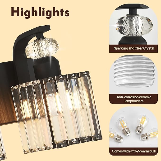 Modern Bathroom Vanity Light, 4-Light Black Bathroom Lighting Fixtures Over Mirror, 28.4" Crystal Wall Light Sconce for Bathroom/Bedroom/Vanity, Includes LED Bulbs, Easy Installation
