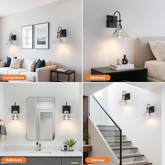 Wall Sconce Hardwired, Modern LED Black Wall Lamp, 6W 3 Color Temperatures 3000K-4000K-6000K, Wall Light Fixture with Smoked Gray Glass Shade for Bathroom Bedroom Living Room