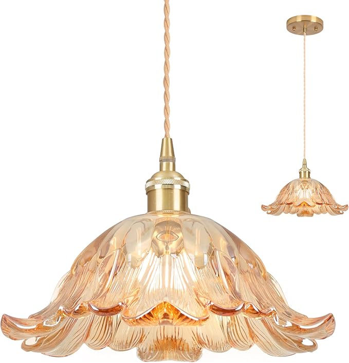 Vintage Pendant Light,Amber Glass Light Fixtures,11" Flower Pendant Lights Adjustable Hanging Light Pendant Lighting Fixtures for Bedroom Hotel Dining Room