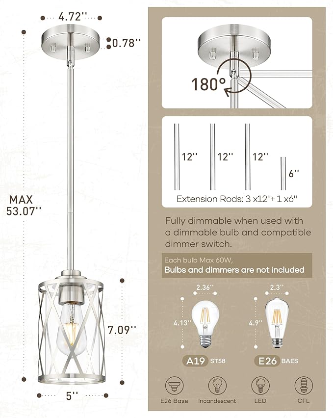 Beionxii Brushed Nickel Pendant Lights Kitchen Island, Glass Pendant Light Fixtures with Clear Glass and Rods, Kitchen Pendant Lighting Over Island for Sink, Dining Room, Entryway, BX-PL07BN