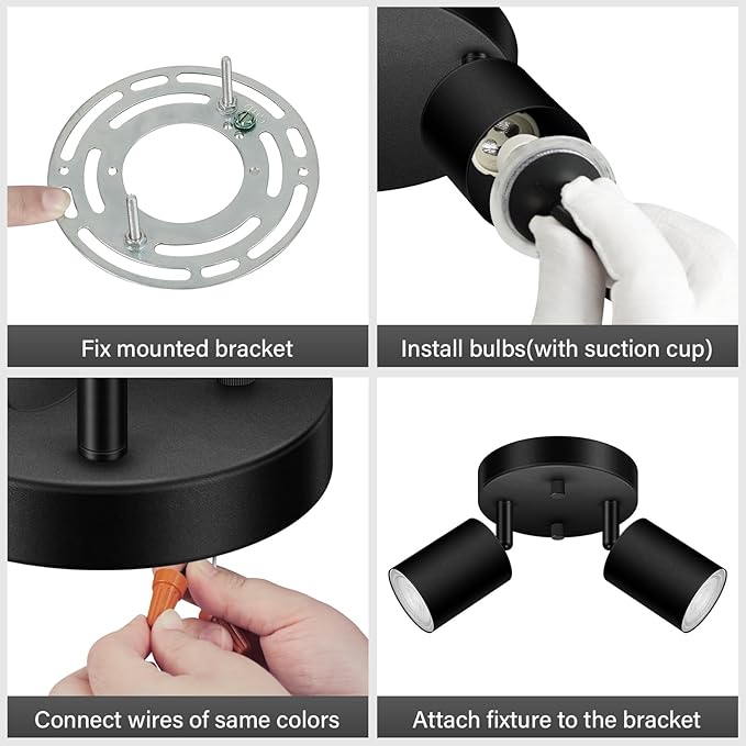 2 Light Track Lighting Fixtures Ceiling, Matte Black Round Directional Ceiling Spotlight, GU10 Flush Mount Track Fixture, Adjustable Modern LED Track Lights for Kitchen/Living Room, Bulb Not Included