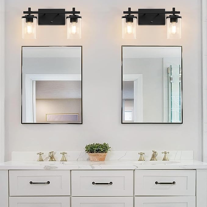 2-Lights Bathroom Vanity Lights, Matte Black Vanity Light Fixtures Over Mirror, Modern Wall Sconces with Clear Glass Shade, Wall Light Fixture for Bedroom Hallway Living Room
