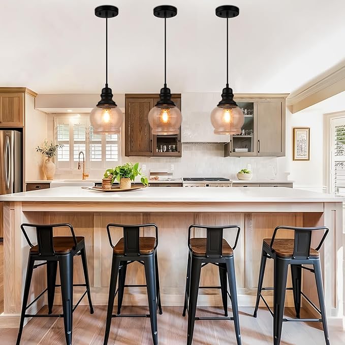 WILON Kitchen Island Light Fixtures, Black Pendant Light with Seeded Glass Shade Mini Pendant Lighting for Kitchen Island, Farmhouse Ceiling Light for Kitchen Island Dining Room Hallway Living Room