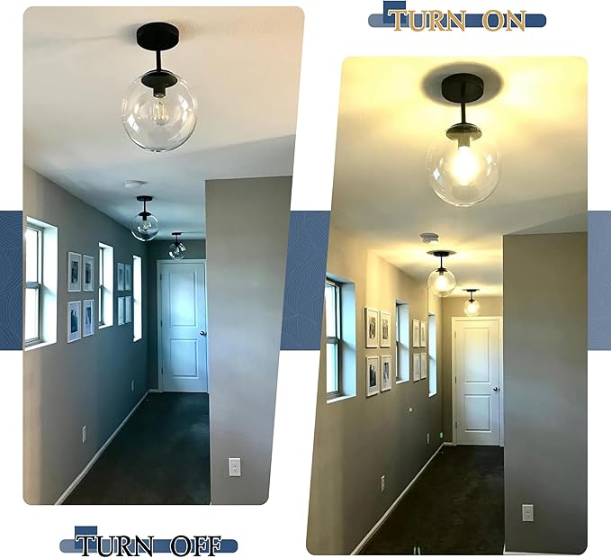 8" Black Semi Flush Mount Ceiling Light Fixture Clear Glass Globe Ceiling Light Fixture Hallway Light Fixture Mid Century Ceiling Light Matte Black Finish for Entryway Foyer Kitchen(Bulb Incl.)