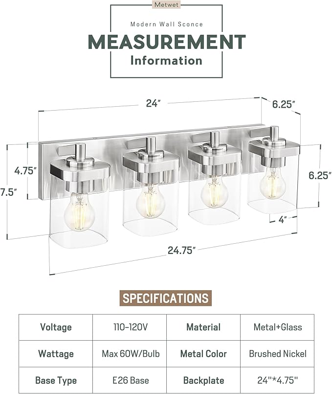 Bathroom Light Fixtures, 4-Light Vanity Light with Square Clear Glass Shade, 25" Brushed Nickel Modern Wall Sconces, Vanity Lighting Fixtures Over Mirror, VL194-BN-4