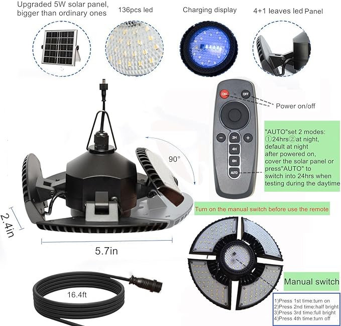 HULPPRE Solar Shed Light-Daytime or Night,4+1 Leaves 136Leds Brighter Solar Light Indoor&Outdoor with Remote,IP65 Barn/Chicken Coop/Workshop/Ceiling/Pendant Lamp for Patio,Garden,Yard,Gazebo