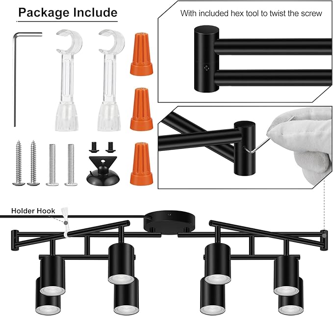 Plug in Track Lighting LED, Track Lighting Fixtures Ceiling, Black 8-Light Kitchen Light Kit, Plug in Wall Light with 14.8ft Power Cord, Rotatable Ceiling Spotlight for Bedroom(GU10 Socket, NO Bulb)