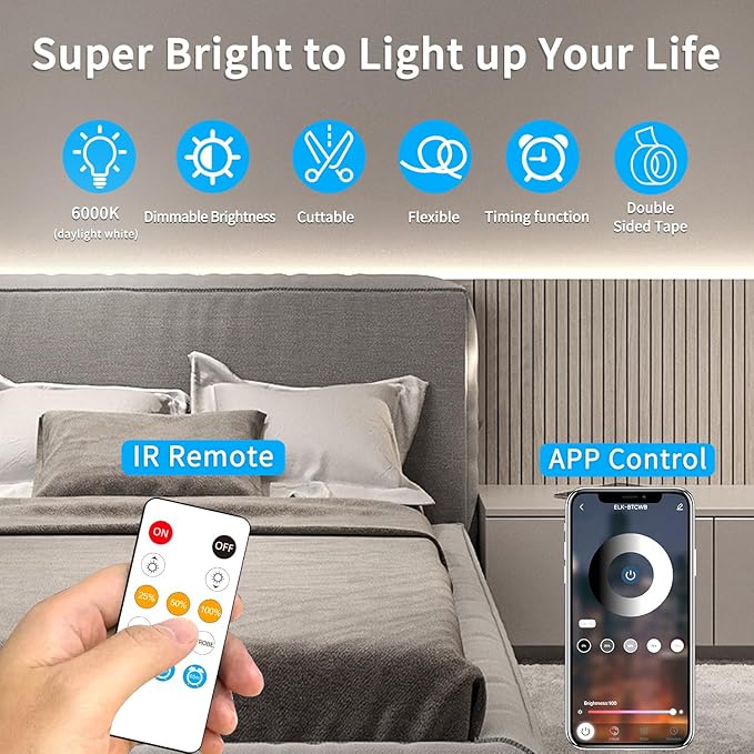 100FT COB LED Strip Lights White Dimmable DC 24V 6000K Flexible LED Tape Light for Bedroom, with Remote and app Control LED Tape Lights for DIY Home Decoration(2 Rolls of 50ft)