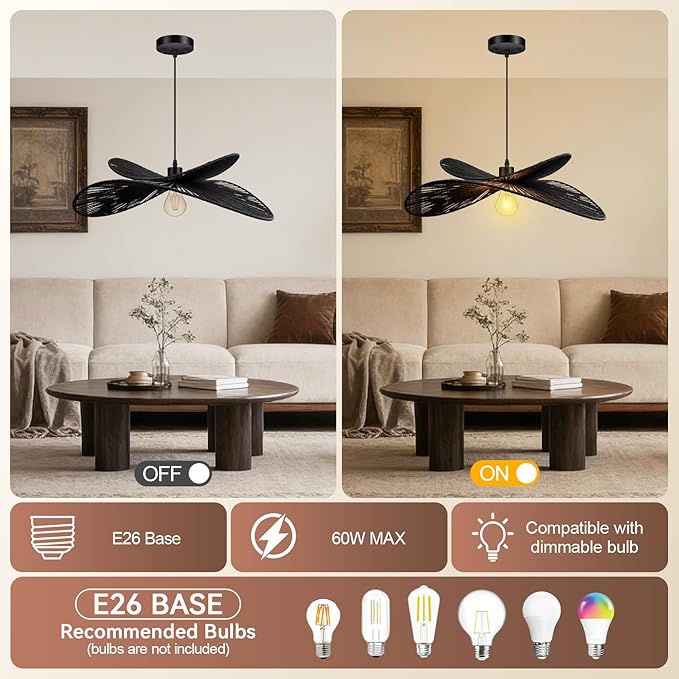 BoostArea Rattan Boho Chandelier Light Fixture,17.4" Hand Woven Wicker Pendant Light, Coastal Hanging Pendant Light for Kitchen Island Bedroom Living Room(Bulb not Included)
