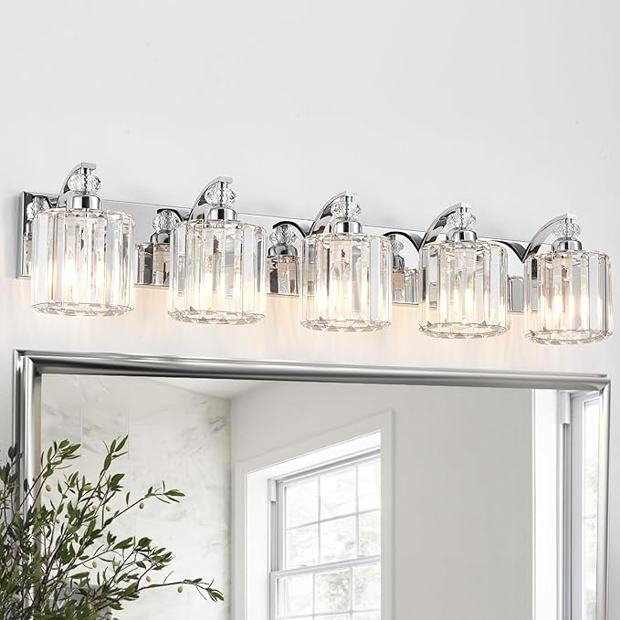 5-Light Modern Bathroom Light Fixture Chrome Vanity Lights Over Mirror Wall Sconce Lighting with K9 Crystal Shades Bathroom Wall Lamp E26 Base for Bedroom, Living Room, Hallway