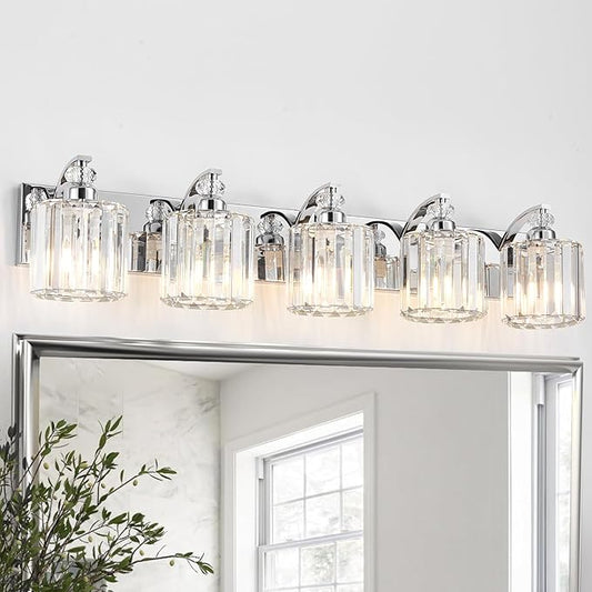 5-Light Modern Bathroom Light Fixture Chrome Vanity Lights Over Mirror Wall Sconce Lighting with K9 Crystal Shades Bathroom Wall Lamp E26 Base for Bedroom, Living Room, Hallway