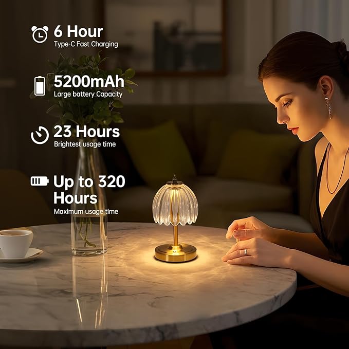 Shenmoyl Set of 2 Tulip Table Lamp with 5200mAh Battery & Touch Control, Cordless Small Table Lamp with 3 Colors, Rechargeable Battery Operated Table Lamps for Nightstand, Bedroom (Transparent Tulip)