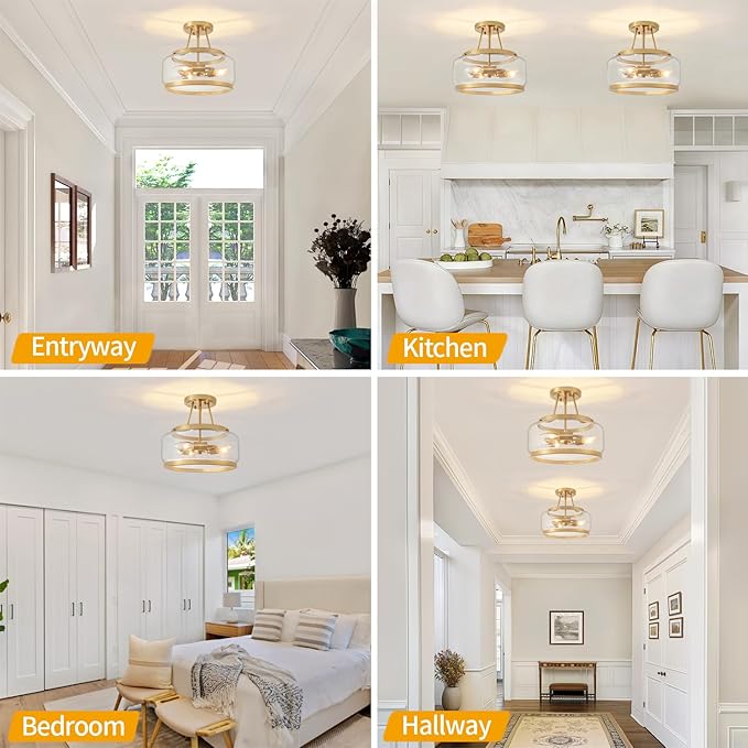 11.81" Brushed Gold Semi Flush Mount Ceiling Light, Modern Glass Drum Light Fixtures, 3-Light Golden Ceiling Lights for Hallway Entryway Bedroom Laundry Room Kitchen Dining Room Bathroom Lighting
