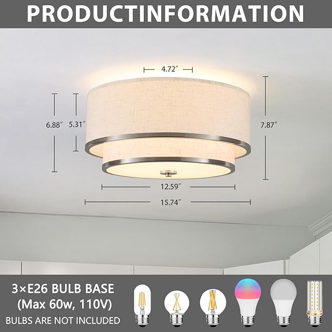 Luupyia 15.75 Inches Fabric Drum Ceiling Light, 3-Lights White Simple Semi Flush Mount Ceiling Lights with Double Fabric Shade, Drum Overhead Lighting for Bedroom Hallway Living Room E26, 60W