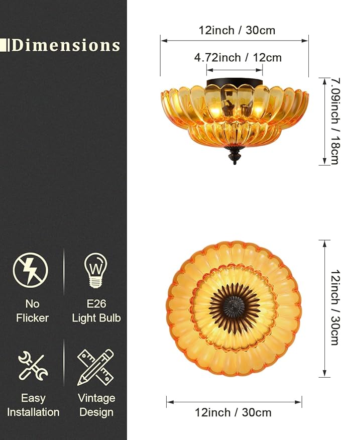 ANYLOVE Modern 12Inch Amber Flower Glass Semi Flush Mount Ceiling Light, 3 Light for Living Room Bedroom Hallway Entryway Foyer