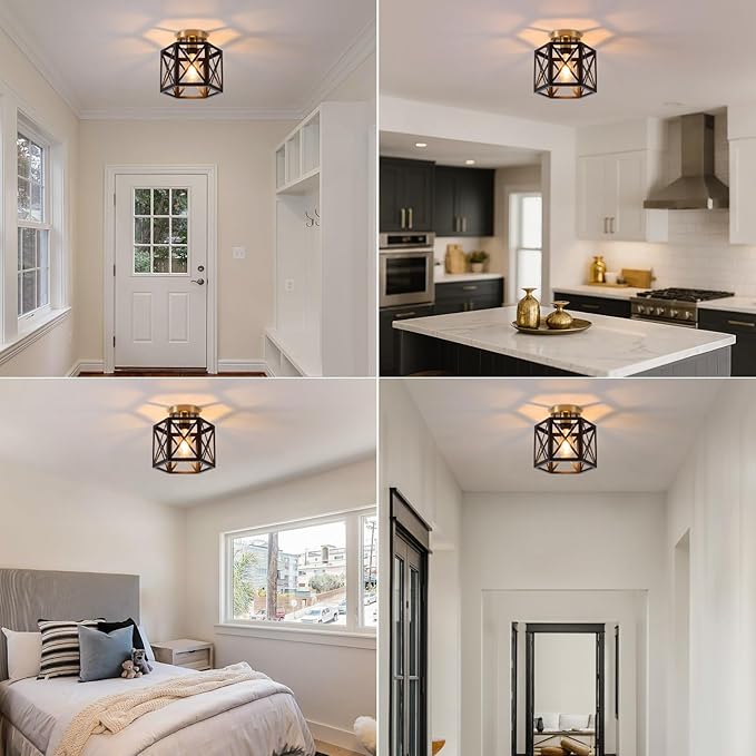 XSDeTu Black Gold Flush Mount Ceiling Light Fixtures, Farmhouse Ceiling Lights with Hexagonal Metal Cage, Modern Close to Ceiling Lamp, Small Chandelier for Kitchen Hallway Porch Bedroom, 2 Pack