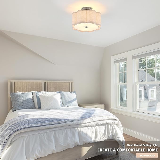 Semi Flush Mount Ceiling Light, Beige Linen Fabric Shade Ceiling Light, Chrome Modern Farmhouse Close to Ceiling Light for Bedroom, Hallway, Living Room, Dining Room, Laundry Room