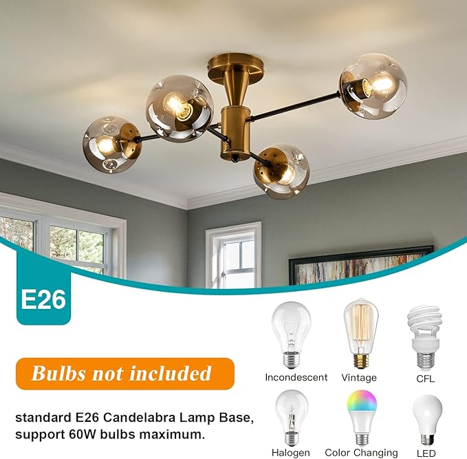 hesoge Modern Semi Flush Mount Ceiling Light Fixture, 4-Light Gold Mid Century Chandelier with Glass Globe,Ceiling Lighting for Dinning Room Farmhouse Kitchen Bedroom Living Room.