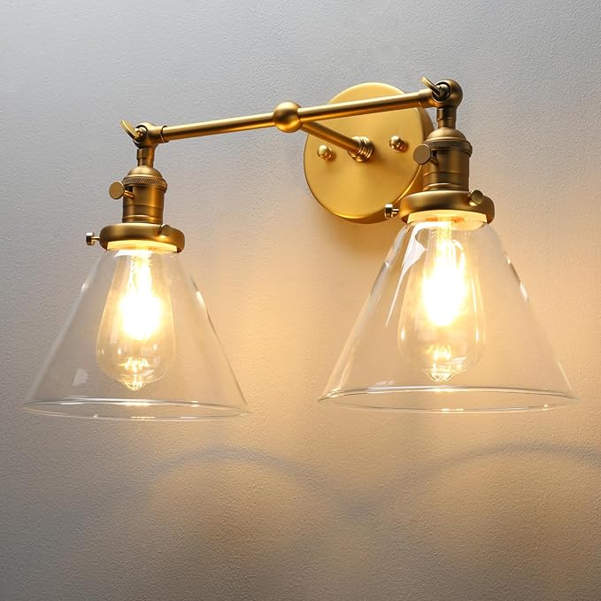 PERMO Double Sconce Vintage Industrial Gold 2-Lights Wall Sconces with Funnel Flared Glass Clear Glass Shade Antique Scocne for Bathroom Living Room Home Office