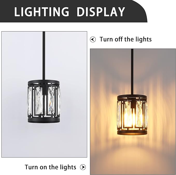 Crystal Pendant Lighting Fixture Matte Black Drum Shade Chandelier,2-Pack Pendant Lights for Kitchen Island Modern Ceiling Lights for Living Room