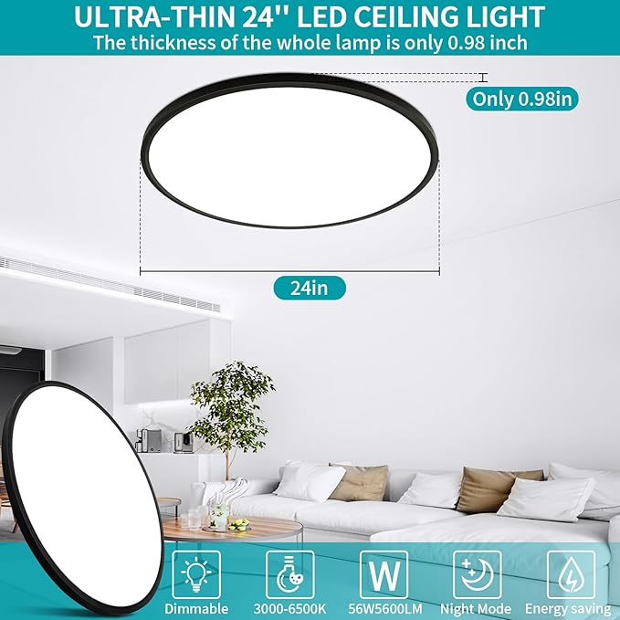24 Inch Large Flush Mount Ceiling Light Fixture, Dimmable with Remote Control, 56W, 5600 Lumen, Modern, Round, Black, for Kitchen, Dining Room, Bedroom, Living Room, Home Office