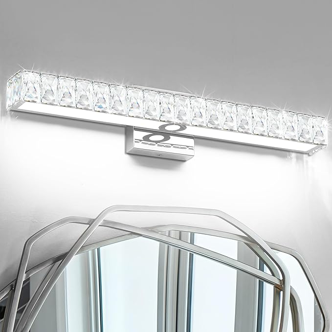 SOLFART Bathroom Light Fixture Crystal Vanity Light Fixtures, Modern LED Lights Above Mirror, 24 Inch Bath Lighting Fixture Chrome