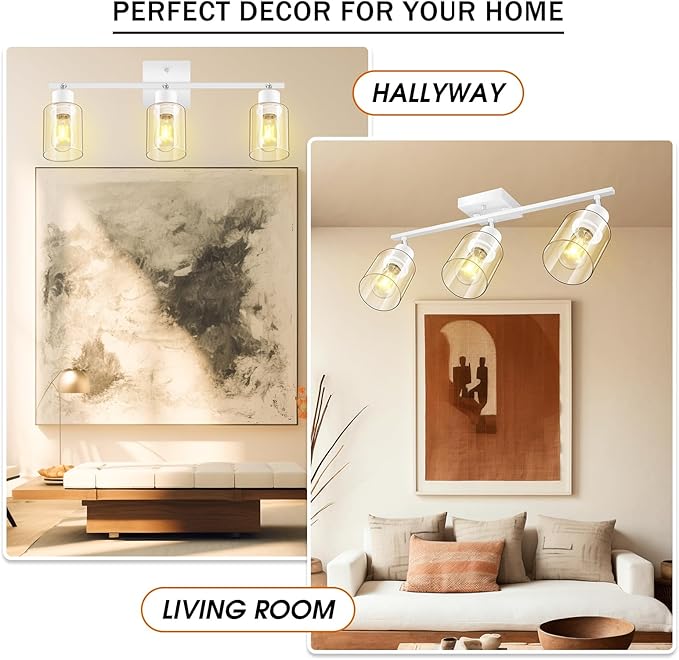 BoostArea White LED 3 Light Track Lighting Kit, 3 Way Ceiling Spot Lighting with Glass Lampshade, Flexibly Rotatable Light Head for Kitchen, Living Room, Bedroom, Bulb Not Included