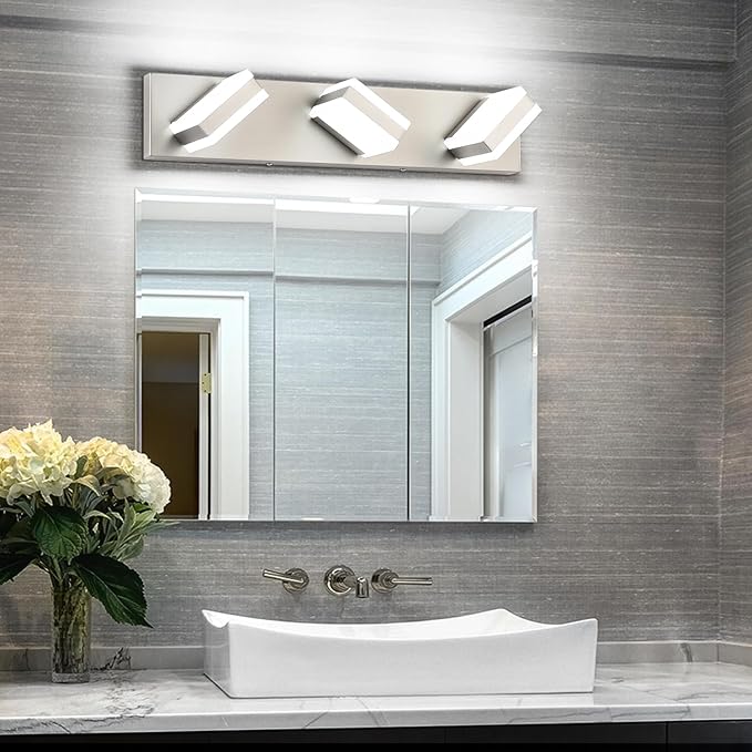 SOLFART Brushed Nickel Vanity Lights Over Mirror, 3 Light LED Bathroom Light Fixture, Vanity Light for Bathroom Modern LED Lights 6000K