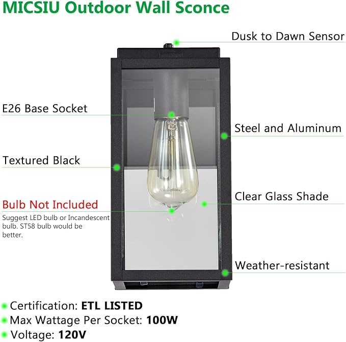 MICSIU 2 Pack Dusk to Dawn Outdoor Wall Lights, 11.25 Inch Black Exterior Wall Mount Lantern with Clear Glass, Modern Farmhouse Outside Porch Lights for House Garage Doorway, E26 Base 100W Max