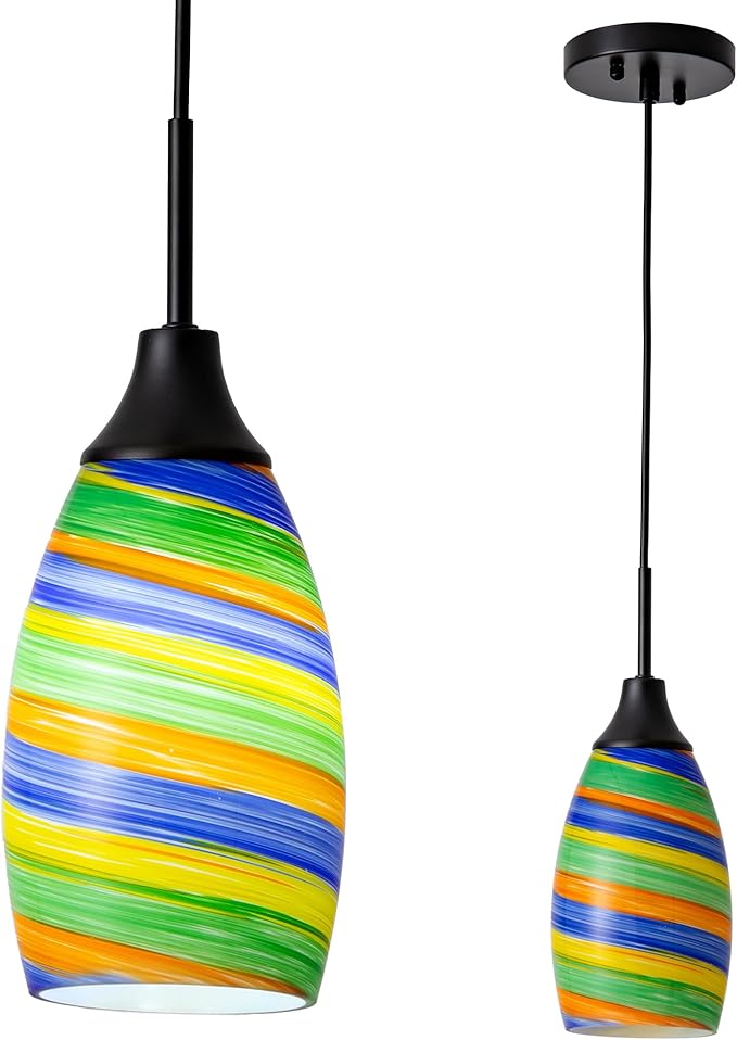 Viinew Mini Glass Pendant Light,4.72" Rainbow Hanging Lights 1-Pack Handblown Oval Rainbow Art Glass Hanging Pendant Light for Kitchen Island,Dining Room,Living,Foyer,Hallway, Entry