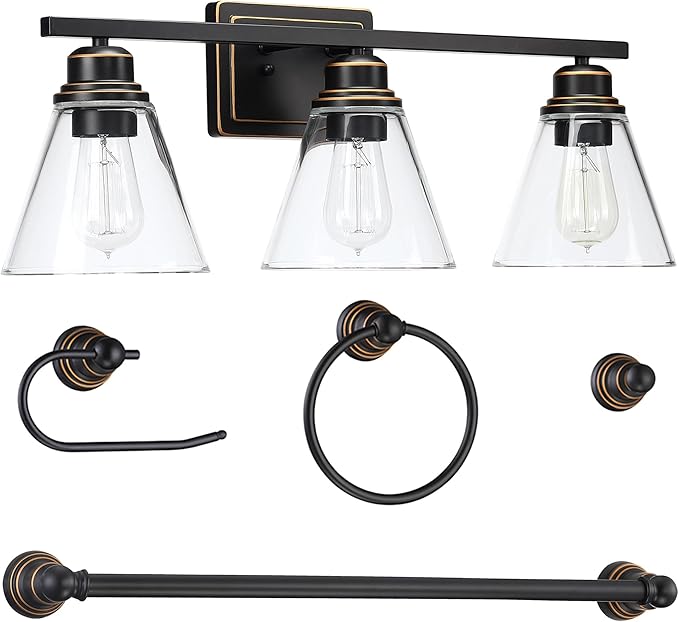 Oil Rubbed Bronze 3-Light Bathroom Vanity Light and Accessories Kit, 5-Piece All-in-One Bathroom Light Set Includes Oil Rubbed Bronze 3-Light Vanity Light,Robe Hook,Tissue Holder,Towel Bar,Towel Ring