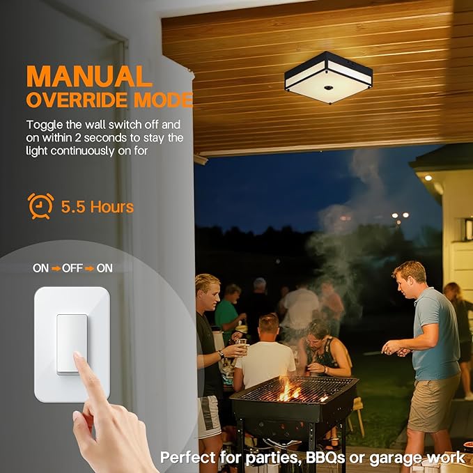 Motion Sensor Outdoor Light, Flush Mount Ceiling Fixture with 24W LED, Dusk to Dawn, Adjustable 3CCT, Black Exterior with Acrylic Diffuser, for Porch, Garage, Entryway, Patio Lighting