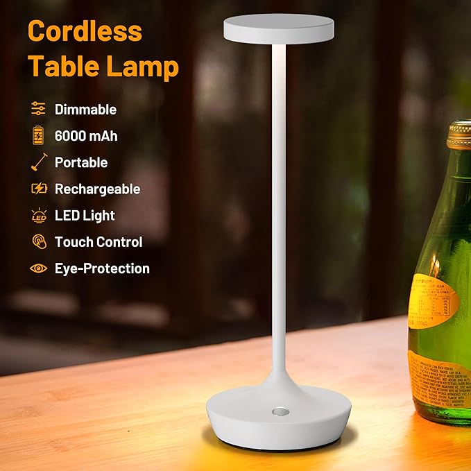 YHT Cordless Rechargeable Table Lamp - 6000mAh Portable LED Battery Operated Table Light - Outdoor Waterproof Dimmable Table Lamps for Restaurant Dining Bedroom Bars Home Patio Outdoor (White 2P)