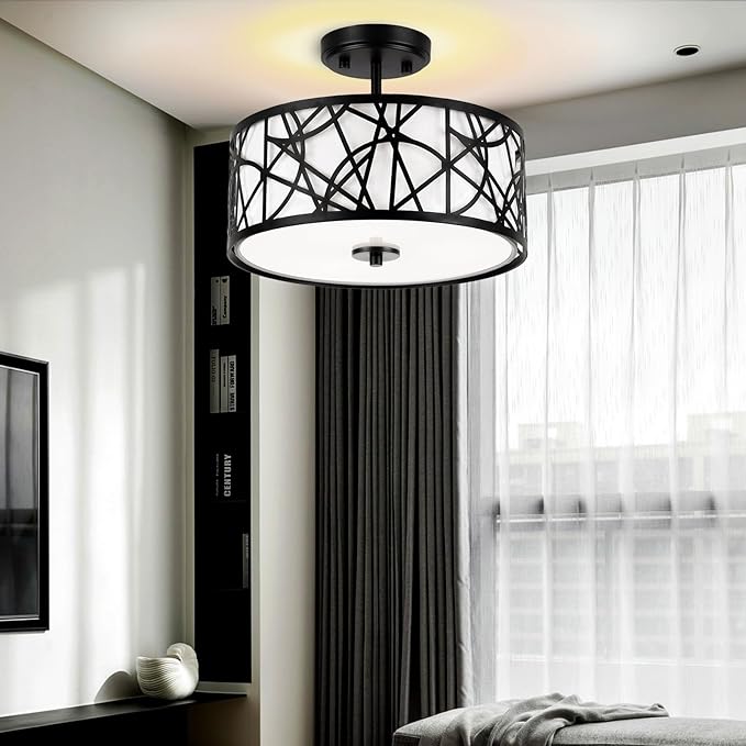 3-Light Semi Flush Mount Ceiling Light, 12.6" Drum Light with White Fabric Shade, Modern Close to Ceiling Lamp for Living Room Bedroom Dining Kitchen Hallway Entry Foyer (Matt Black)