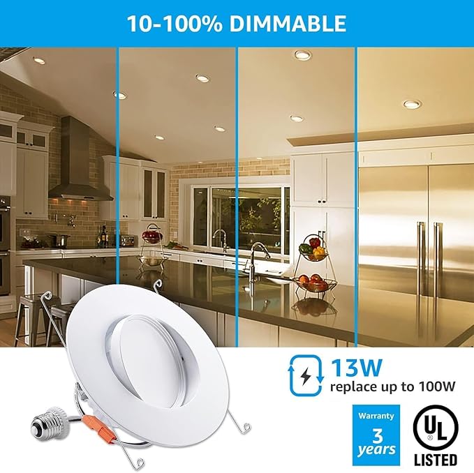 TORCHSTAR 6 Inch Gimbal LED Recessed Light, Dimmable Downlight, CRI90+, 13W Directional Lighting, Adjustable Can Light, UL Listed, 2700K Soft White, Pack of 4