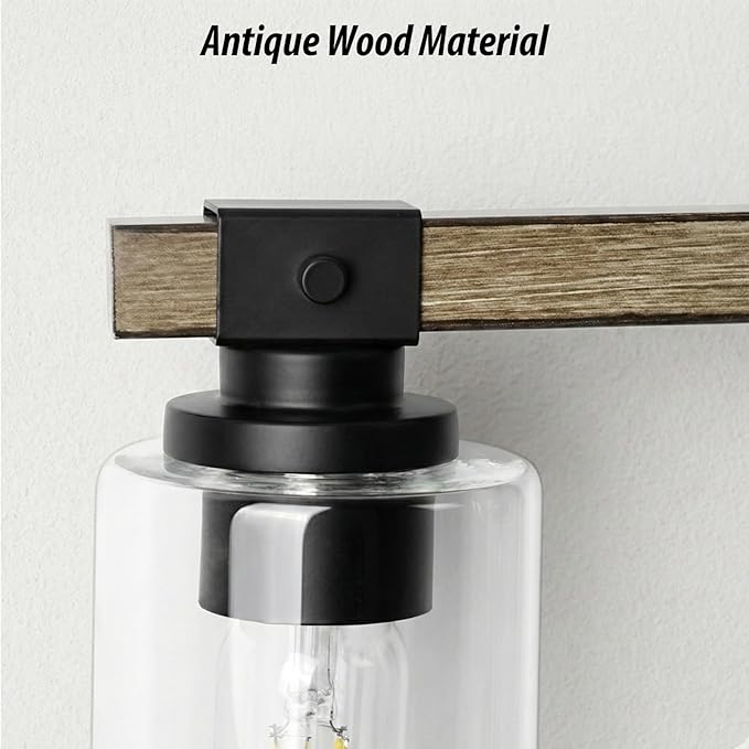 Farmhouse Vanity Light, Rustic Vintage Wall Sconce, Bathroom Wood Wall Light Over Mirror with Clear Glass Shade.(Pinewood, 4-Light)