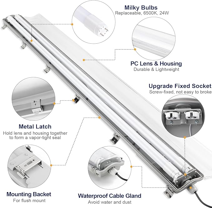 BRILLIHOOD 4Ft LED Vapor Tight Light Fixtures, 48W, 4200LM, 6500K Bright White, Clear Cover, IP65 Waterproof Vapor Proof Lights for Car Wash, Garage, Walk in Freezer, Indoor Outdoor Lighting, 2-Pack