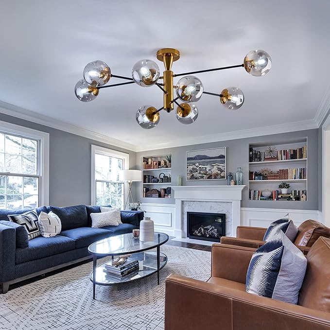hesoge 8 Light Sputnik Semi Flush Mount Ceiling Light Fixture Mid Century Modern Chandelier with Glass Globe Black Gold Ceiling Lighting for Dinning Room Farmhouse Kitchen Bedroom Living Room