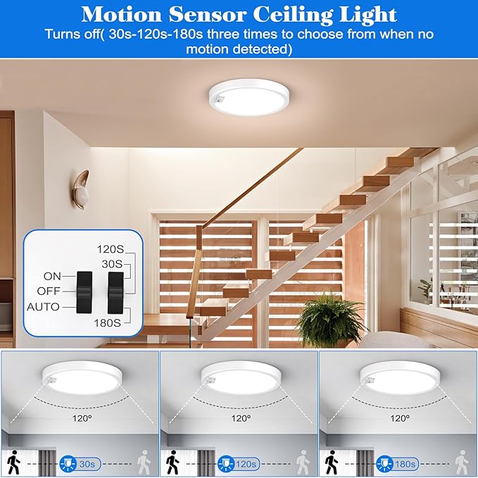 4PACK Flush Mount Ceiling Light Fixture Wired, Motion Sensor Ceiling Light 18W/1600LM, Motion Sensor Light Indoor for Stair Closet Porch Hallway Laundry, Time Dimmable Ceiling Lights 3000k/4000k/6000k