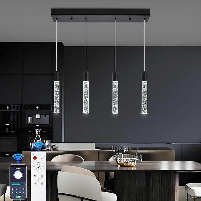 4-Light Matte Black Integrated Crystal Pendant Chandelier,Dimmable LED Ceiling Light with Adjustable Height for Kitchen Island, Dining Room & Bedroom 3000K -6000K