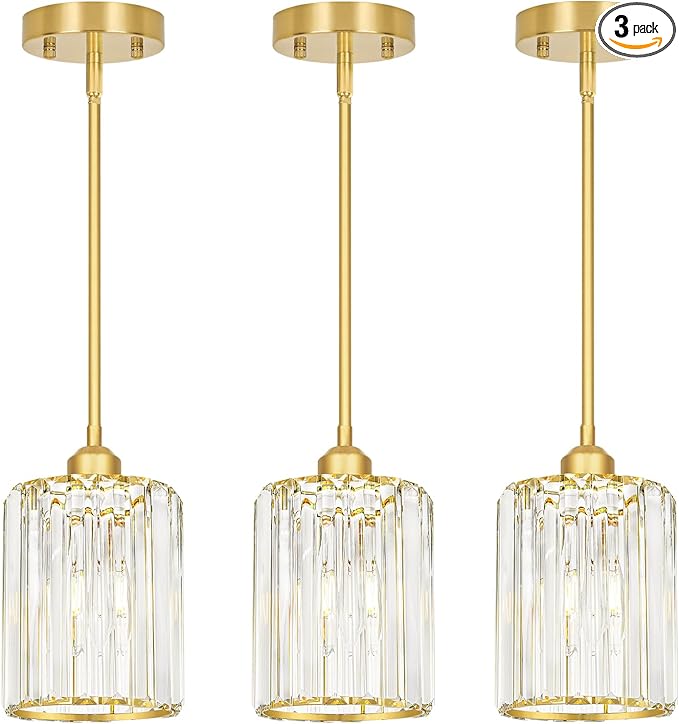 Lxybcce Gold Kitchen Pendant Lights Over Island with Adjustable Rods - Crystal Pendant Lighting Fixtures 3 Pack, Ideal Over Dining Table or Bar, E26 Bulb Compatible, No Electrician Needed