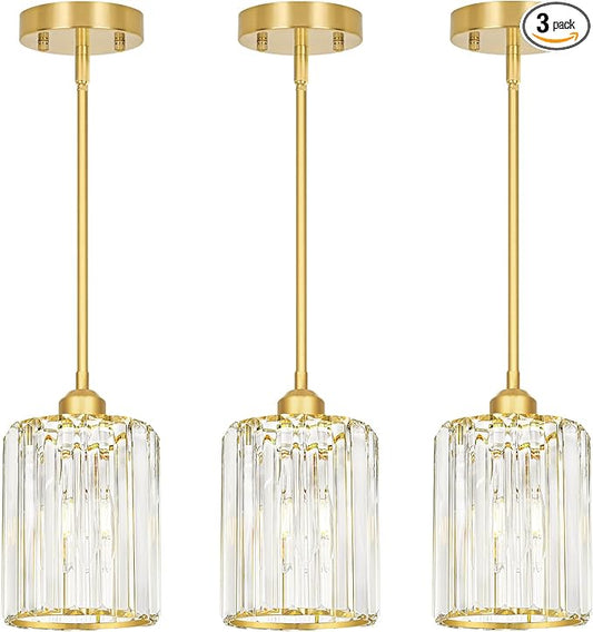 Lxybcce Gold Kitchen Pendant Lights Over Island with Adjustable Rods - Crystal Pendant Lighting Fixtures 3 Pack, Ideal Over Dining Table or Bar, E26 Bulb Compatible, No Electrician Needed