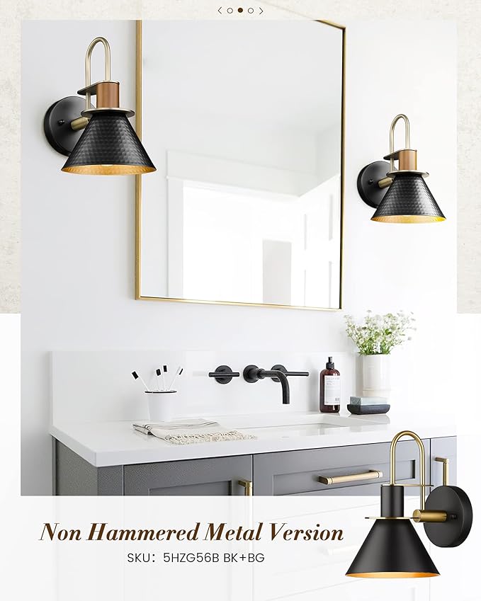 Modern Wall Sconces Set of Two, HWH Industrial Sconce Wall Lighting 1-Light, Brass Barn Wall Vanity Light for Bedroom Kitchen, Hammered Metal Shade, Black and Gold Finish, 5HZG74B-2L BK+BG