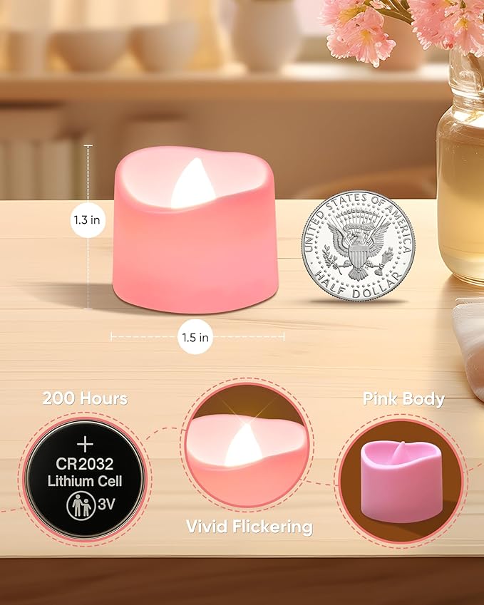 Raycare Pink Battery Operated Tea Lights, 200+Hour Flickering Flameless Candles, Realistic Electric Fake LED TeaLights for Wedding Party Table Mother's Day Christmas Decorations, Pack of 12