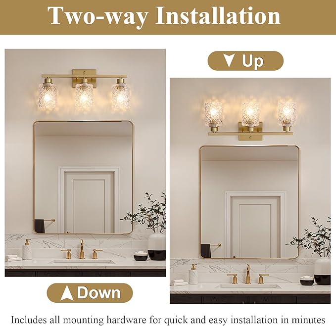 Mecgirn Stainless Steel Bathroom Vanity Light Over Mirror, 3 Light Brushed Gold Bathroom Light Fixtures with Textured Glass Shades,Ceramic E26 Sockets Wall Mounted Vanity Lights for Bathroom