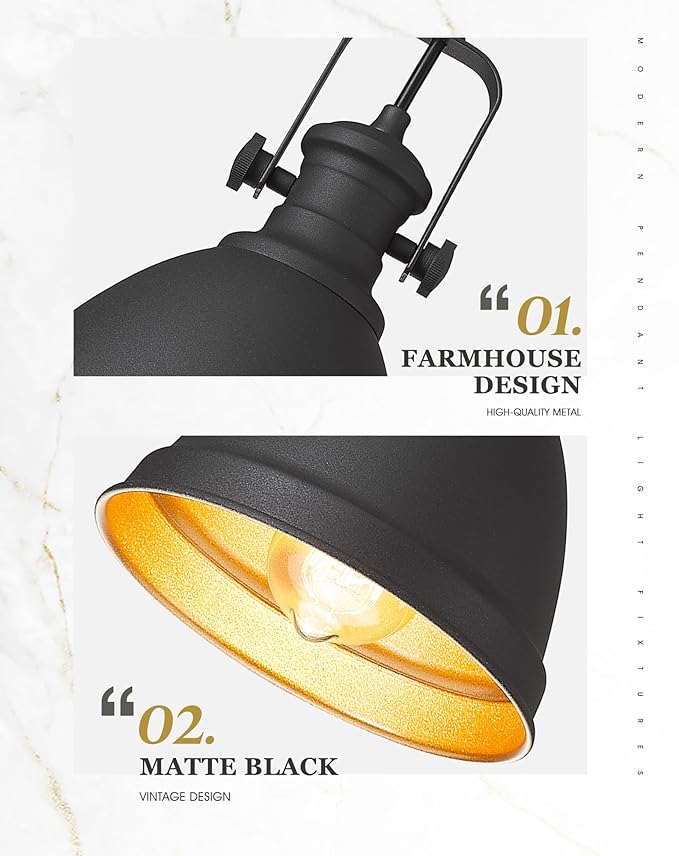 2-Pack Pendant Lights Kitchen Island, 8" Black Hanging Lights Fixtures with Metal Shade, Farmhouse Rustic Kitchen Pendant Lighting Over Island for Dining Room, AD-2151-2PM-BK