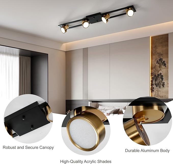Garwarm Modern Ceiling Light Track Lighting Fixtures, 35.4 Inch Dimmable LED Kitchen Ceiling Light with Remote 4-Light Black LED Chandelier for Dining Room Bedroom