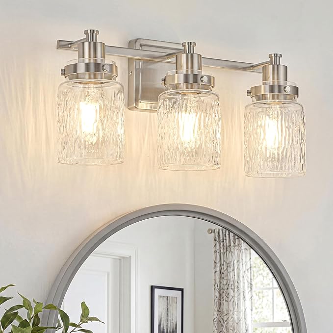 3 Lights Bathroom Light Fixtures Farmhouse Brushed Nickel Vanity Lights for Bathroom Lighting Fixtures Over Mirror with Hammered Glass Lampshade for Cabinet Mirror Bedroom Hallway